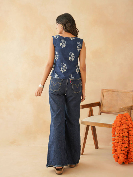 Sleeveless Cotton Block Printed Kothi Top Indigo Boota