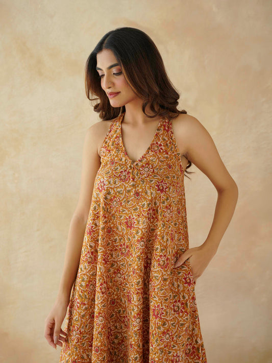 Cotton Printed Aline Moana Dress Mustard