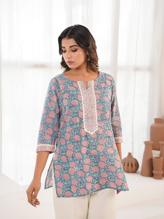 Block-Printed Cotton Zoya Kurti Grey Booty