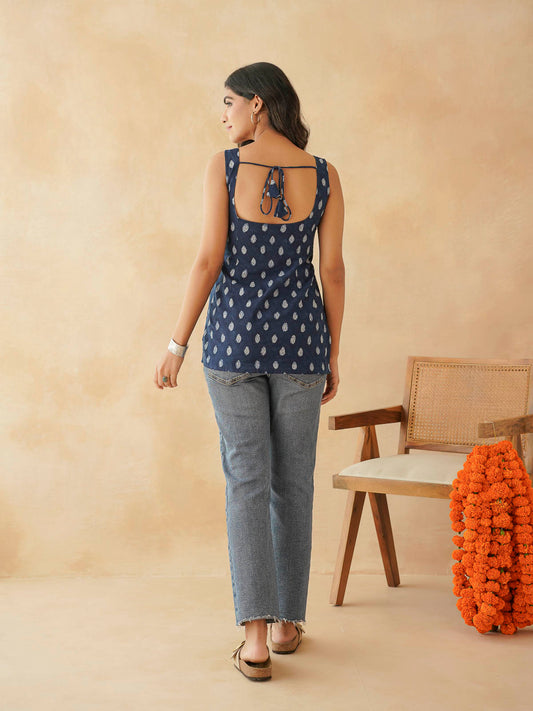 Cotton Printed Stylish Backless Tie-up Kurti Indigo