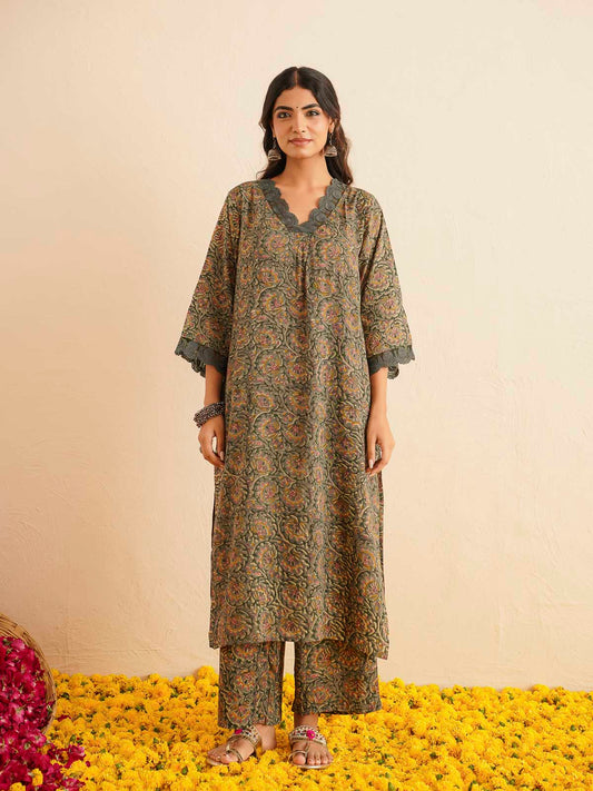 Block Printed Cotton Kurta Pant Bagiya Set Forest Green