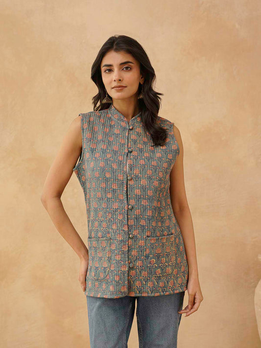 Cotton Printed Sleeveless Quilted Jacket Grey Booty