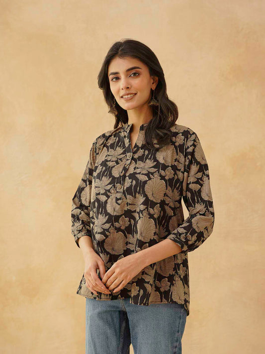 Cotton Printed Everyday Tunic Top For Women Black Grey