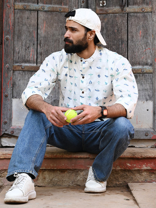 Men's Relaxed Fit Cotton Shirt – Full Sleeves - White Plane