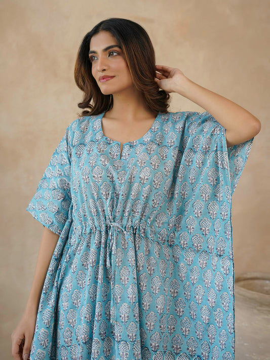 Block-Printed Cotton Long Kaftan Blue Booty