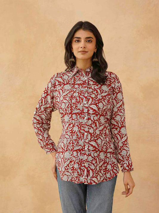 Block Printed Cotton Meher Shirt Red Jaal