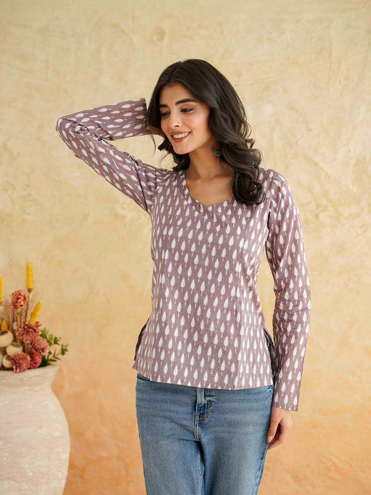 Full Sleeve Cotton Printed Classic Vee Top Purple