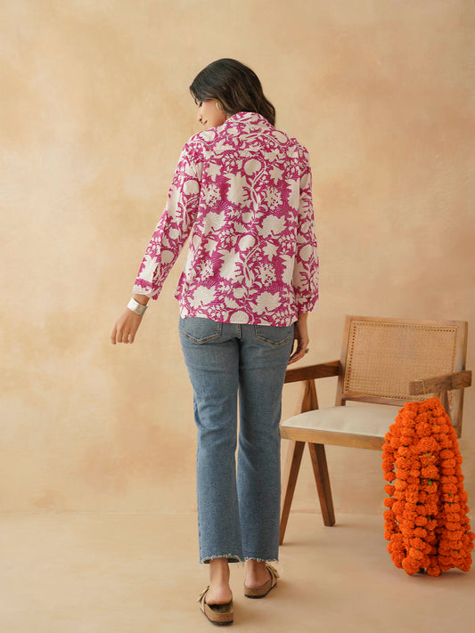 Block Printed Cotton Meher Shirt Pink