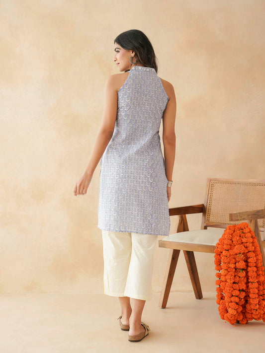 Sleeveless Cotton Halter Neck Kurti Lavander Booty