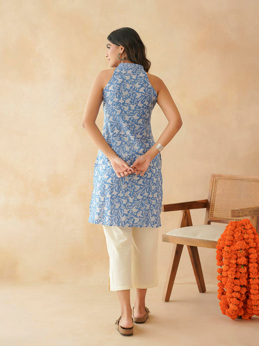 Sleeveless Cotton Halter Neck Kurti Blue