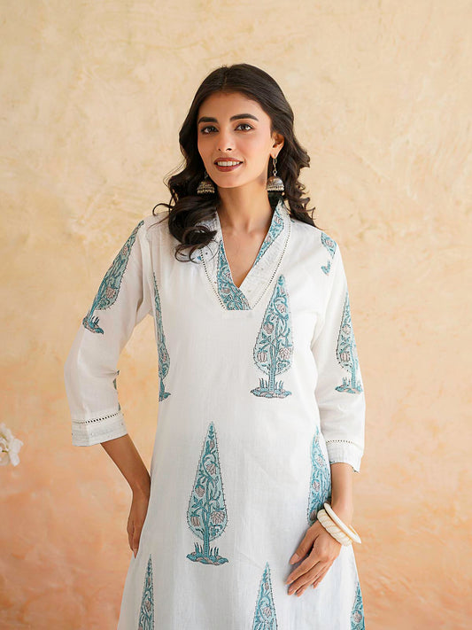 Classic Cotton Kurta Set For Women White