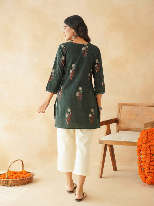 Cotton Printed Kantha Kurta Green