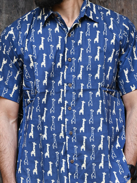 Men's Relaxed Fit Cotton Shirt – Half Sleeves - Blue Giraffe