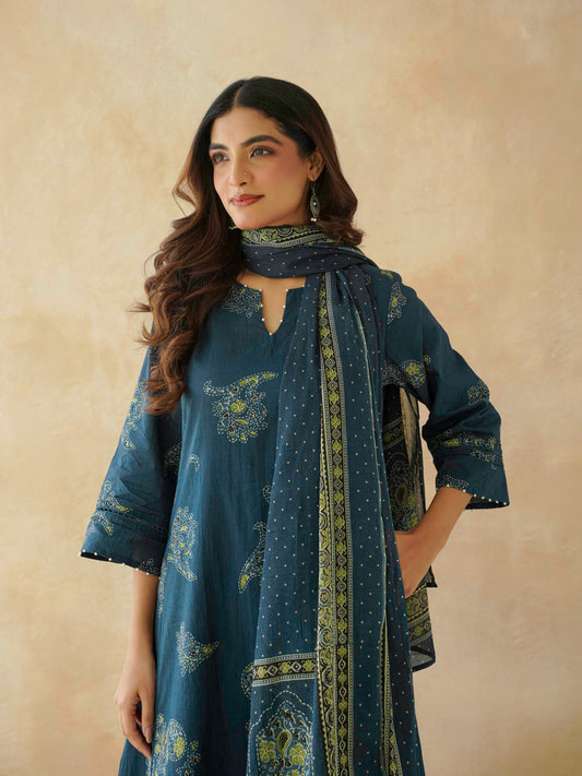 Cotton Printed Aline Geet Kurta Set For Women Indigo
