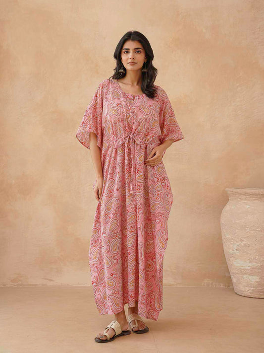 Block-Printed Cotton Long Kaftan Pink Red