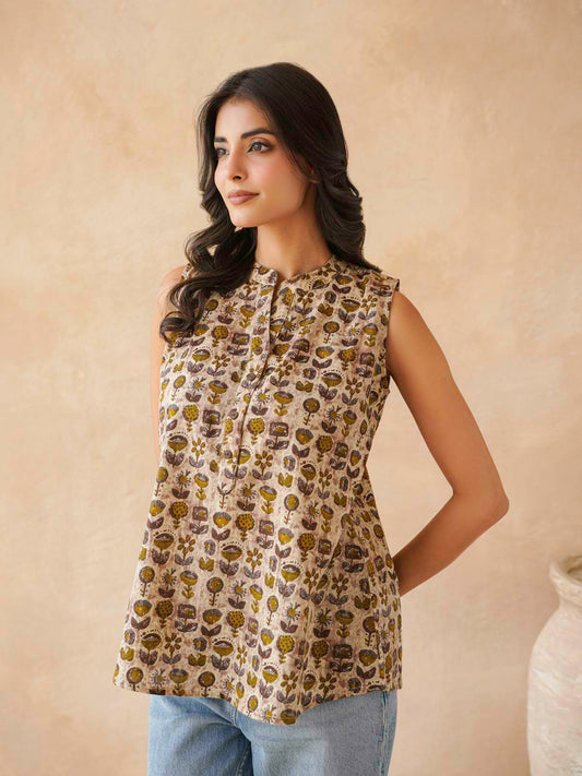 Cotton Printed Sleeveless Tunic Top For Women Brown