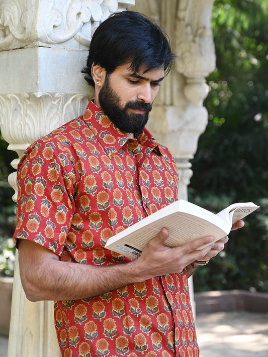 Men's Relaxed Fit Cotton Shirt – Half Sleeves - Red Sunflower