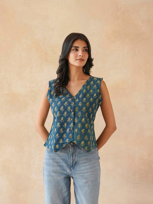 Sleeveless Cotton Block Printed Kothi Top Indigo Booty