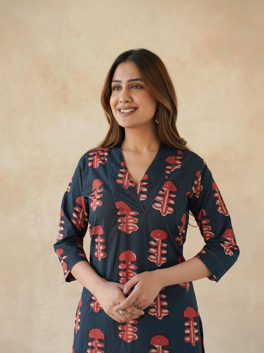 Cotton Printed Straight Kurta Red Coral