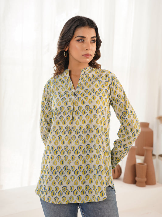 Cotton Printed Top For Women Yellow Leaf