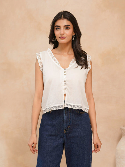 Sleeveless Cotton Printed Daisy Lace Top White