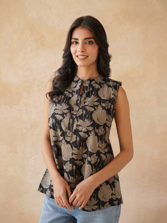 Cotton Printed Sleeveless Tunic Top For Women Black Grey