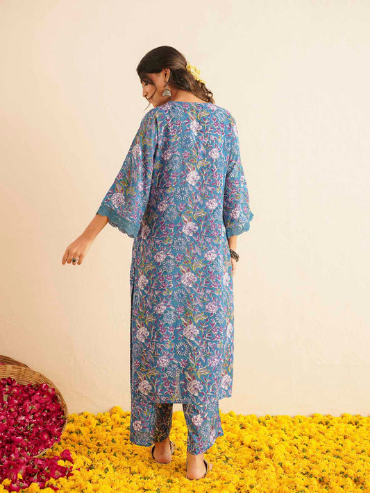 Block Printed Cotton Kurta Pant Bagiya Set Blue Purple