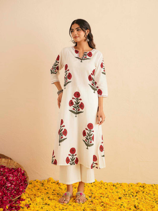 Cotton Printed Kantha Style Set For Women White