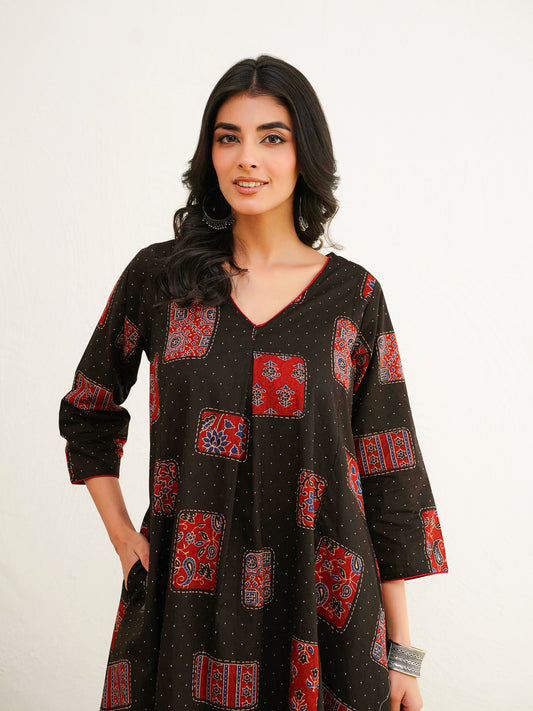 Cotton Printed Noor Aline Set For Women Black
