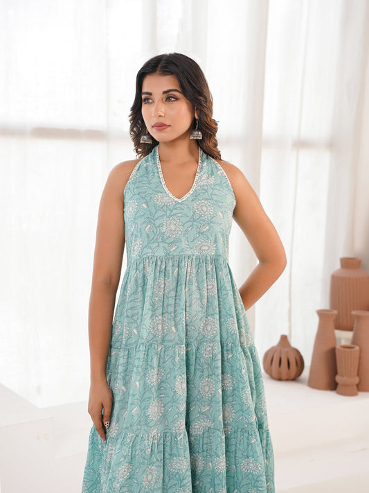 Tiered Halter Neck Dress Sea Green