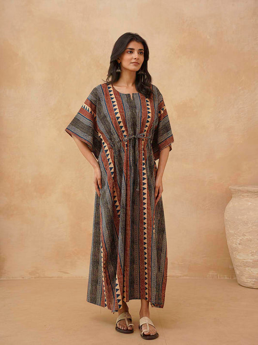 Block-Printed Cotton Long Kaftan Multicolor