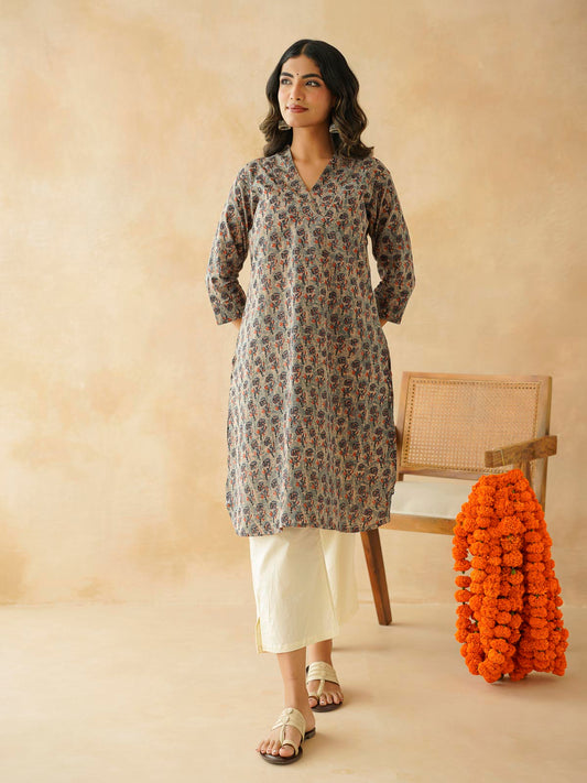 Cotton Printed Straight Kurta Indigo Flawer