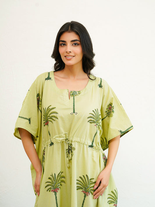 Block-Printed Cotton Long Kaftan Green Tree