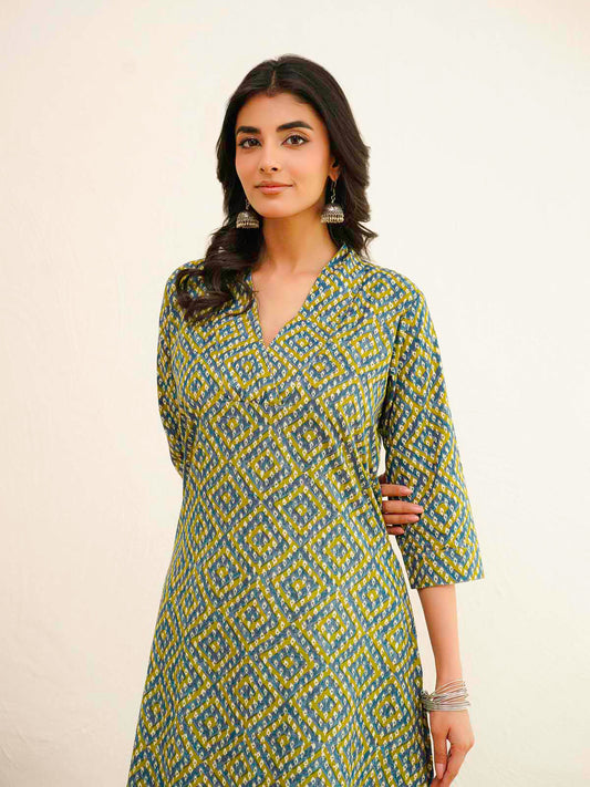 Cotton Printed Straight Kurta Green Bndhej