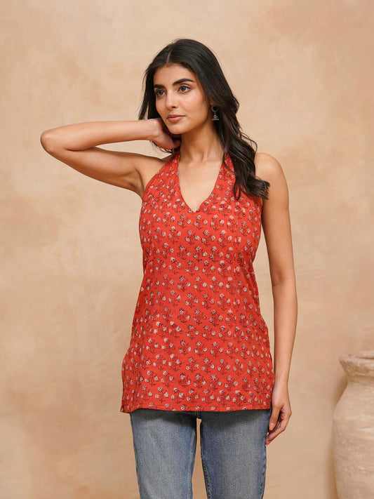 Cotton Printed Stylish Halter Tie-Up Kurti Orange