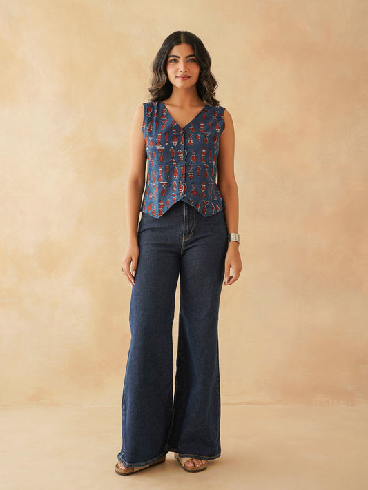 Sleeveless Cotton Block Printed Kothi Top Indigo Fish