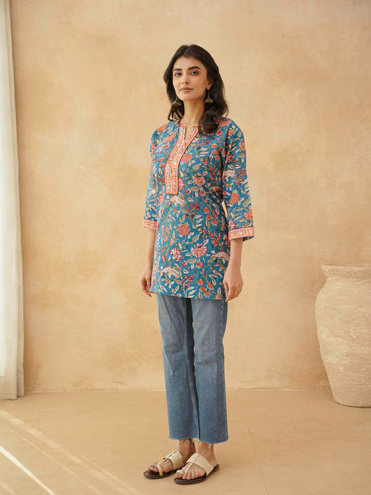 Cotton Printed Sequin Short Kurti For Women Blue Jaal