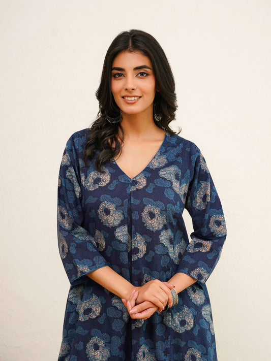 Cotton Printed Noor Aline Set For Women Blue