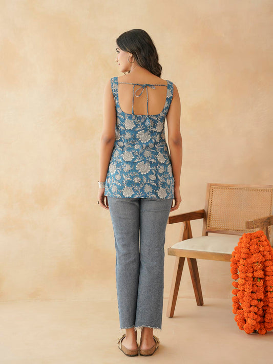 Cotton Printed Stylish Backless Tie-Up Kurti Drak Blue
