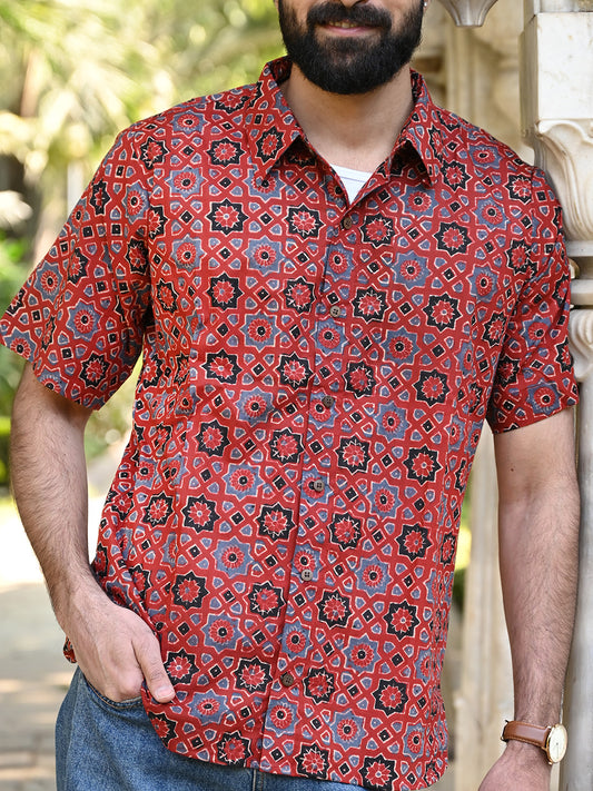 Men's Relaxed Fit Cotton Shirt – Half Sleeves - Red Ajrakh