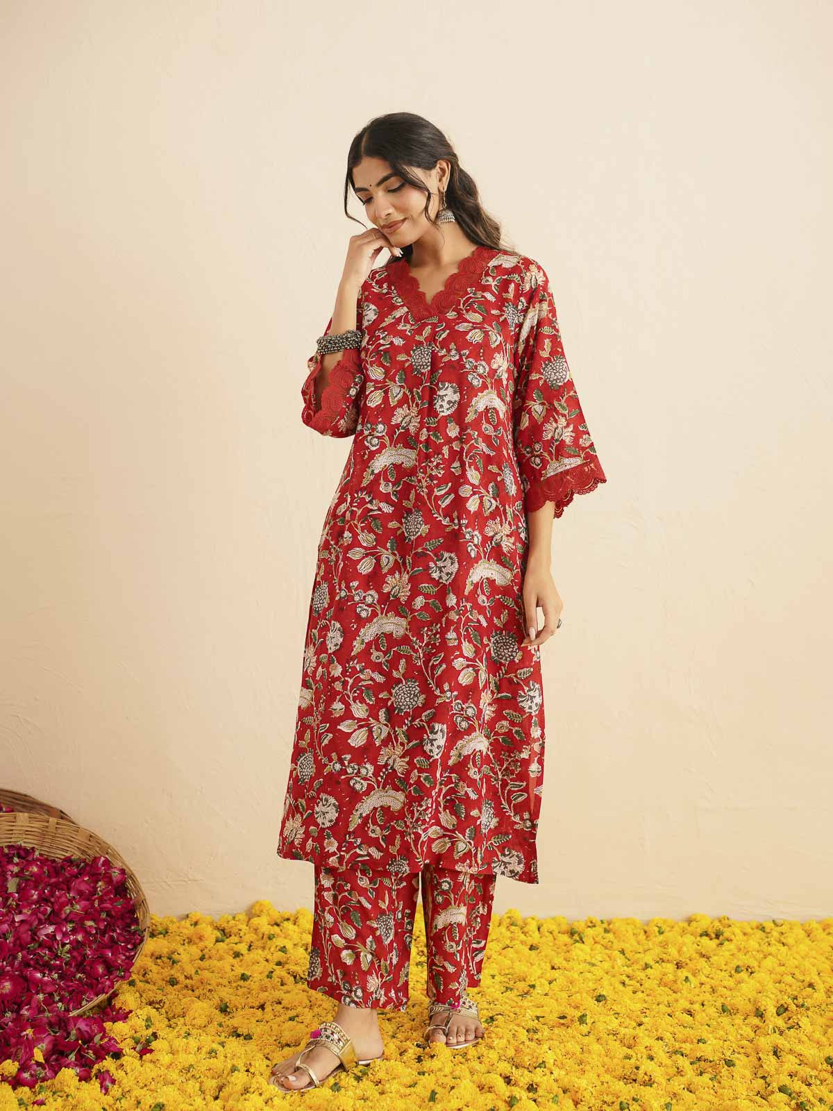 Block Printed Cotton Kurta Pant Bagiya Set Red Jaal