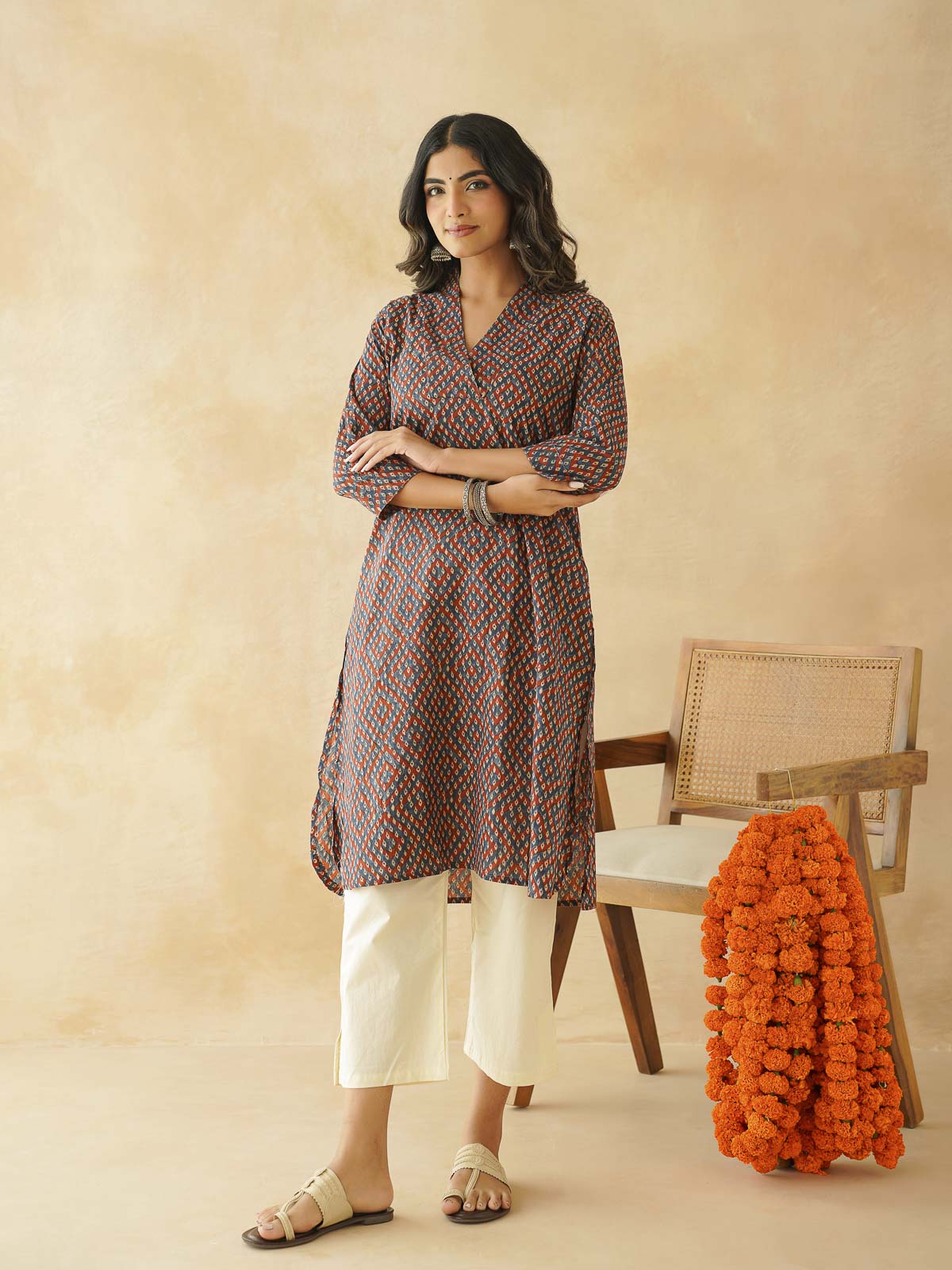 Cotton Printed Straight Kurta Blue Orange