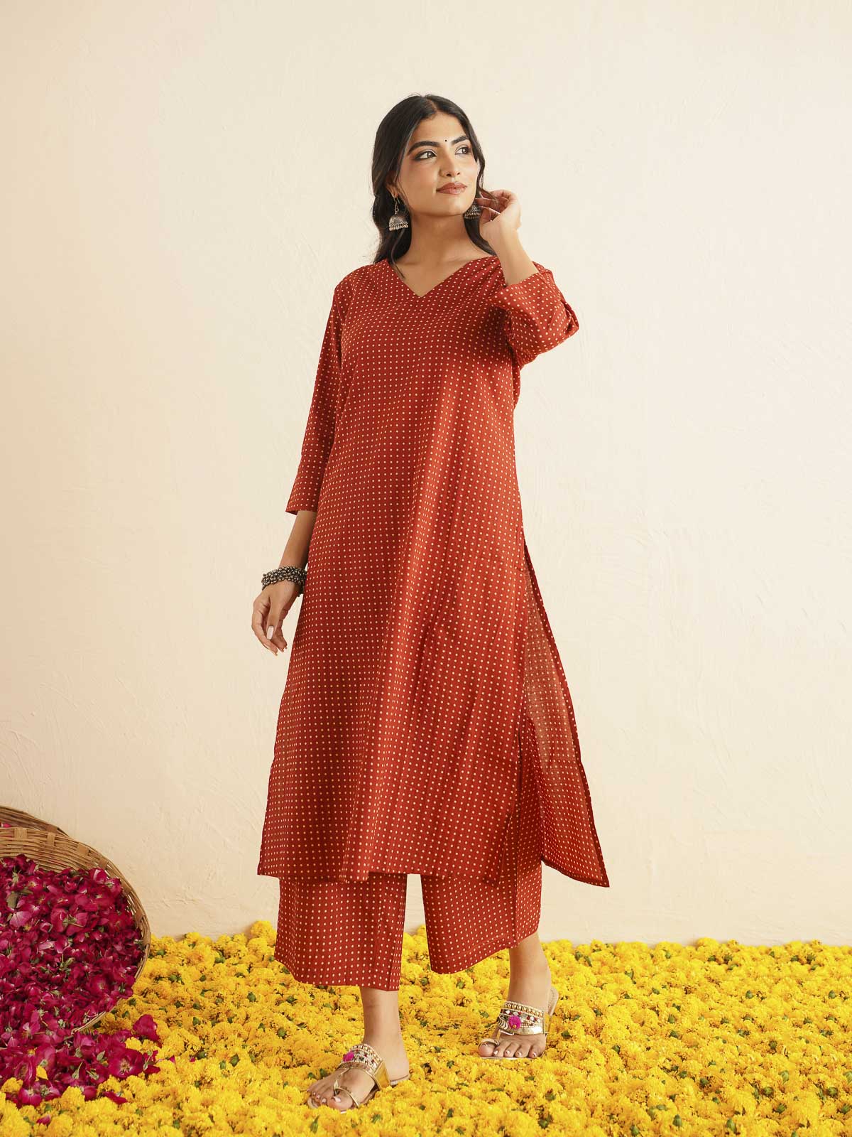Cotton Printed V-Neck Style Set For Women Red