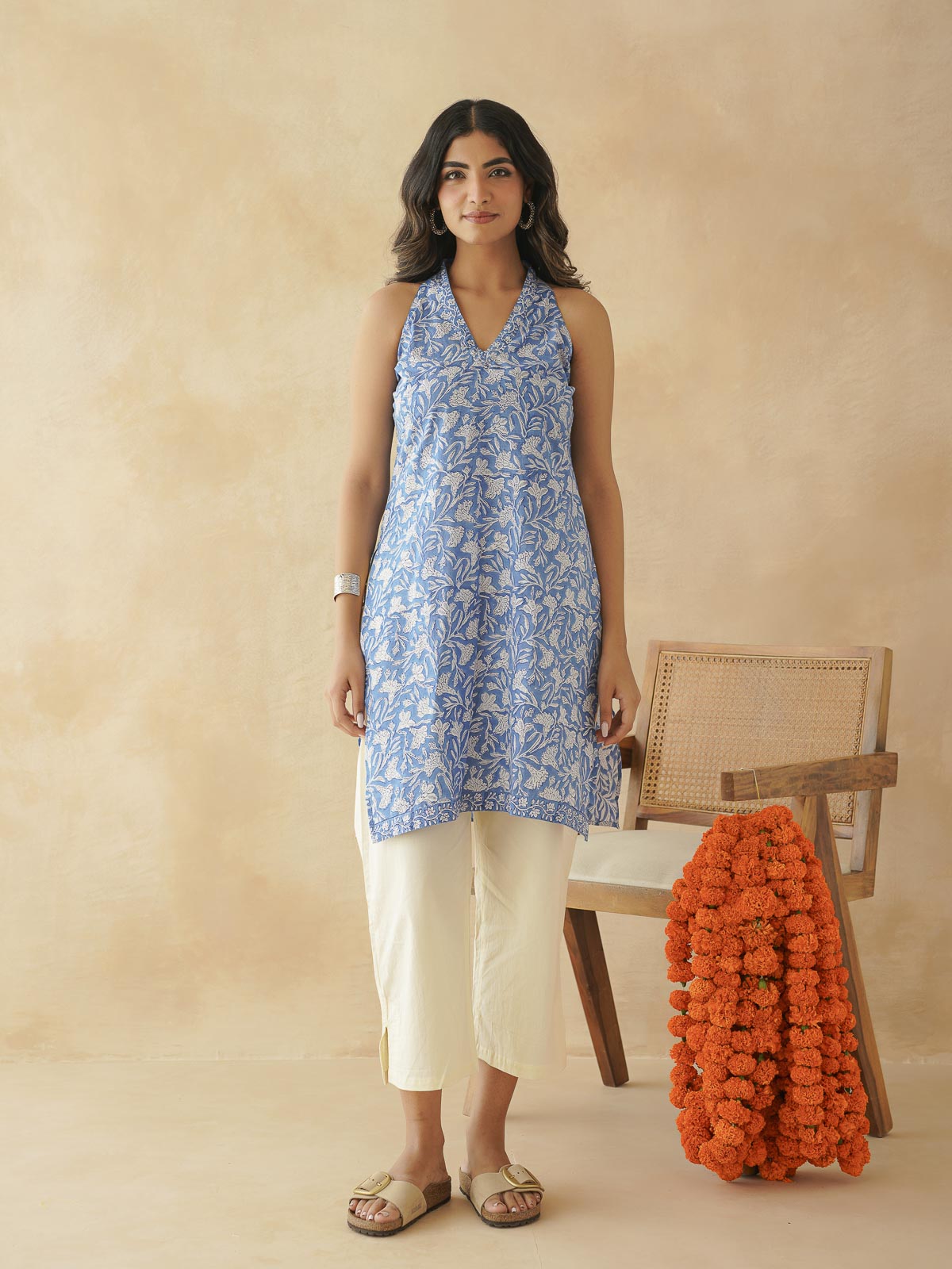 Sleeveless Cotton Halter Neck Kurti Blue