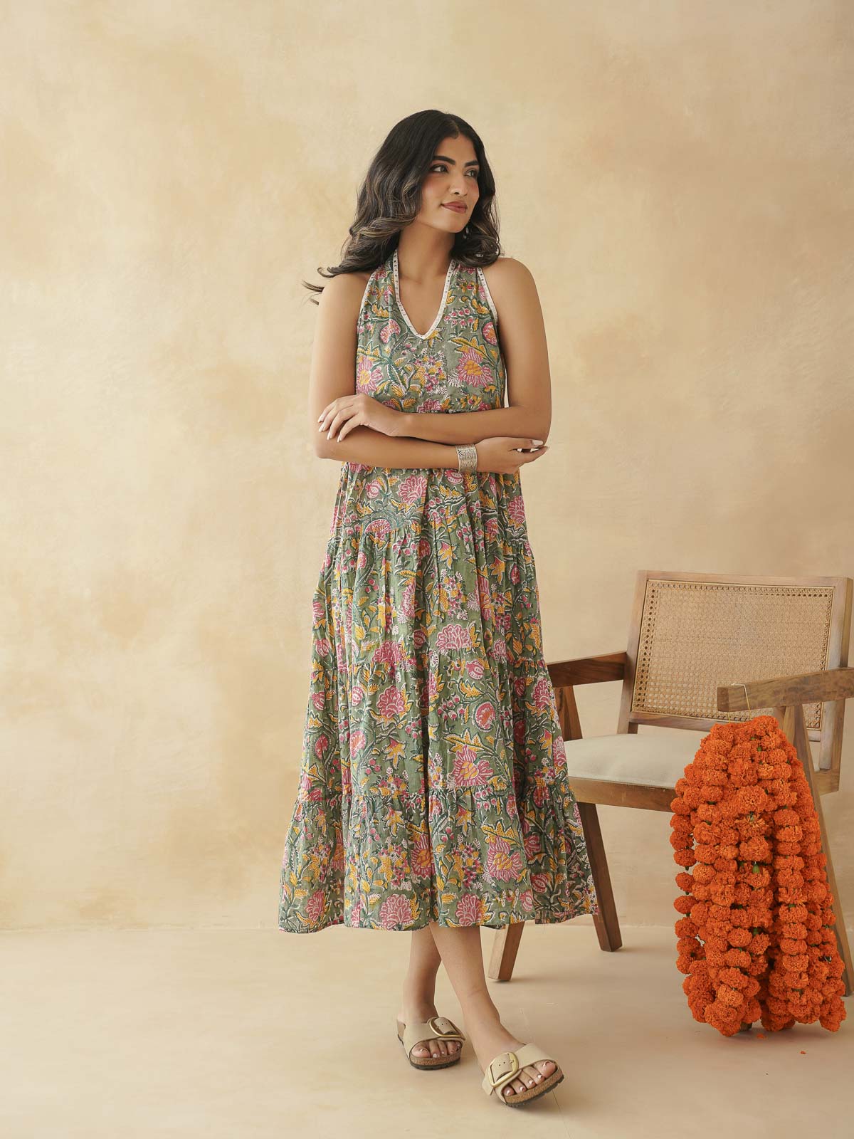 Tiered Halter Neck Dress Green Jaal