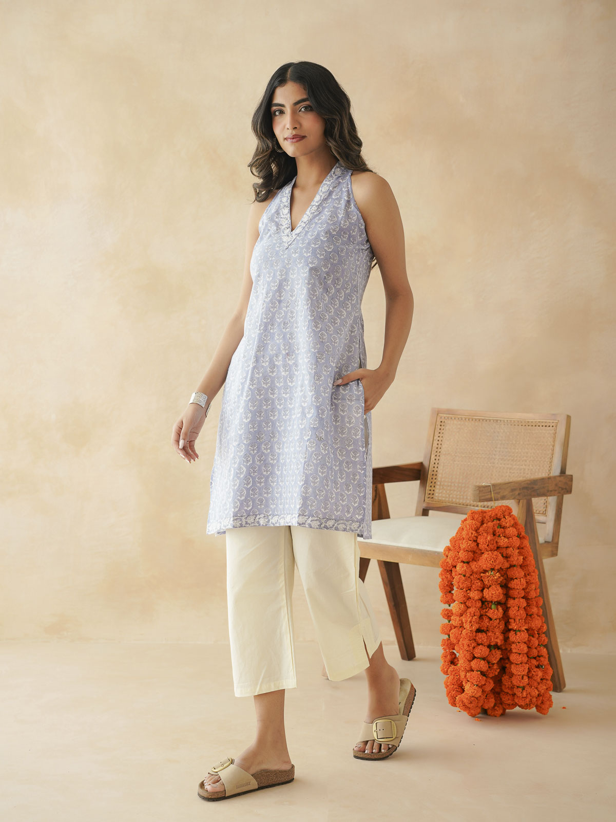 Sleeveless Cotton Halter Neck Kurti Lavander Booty