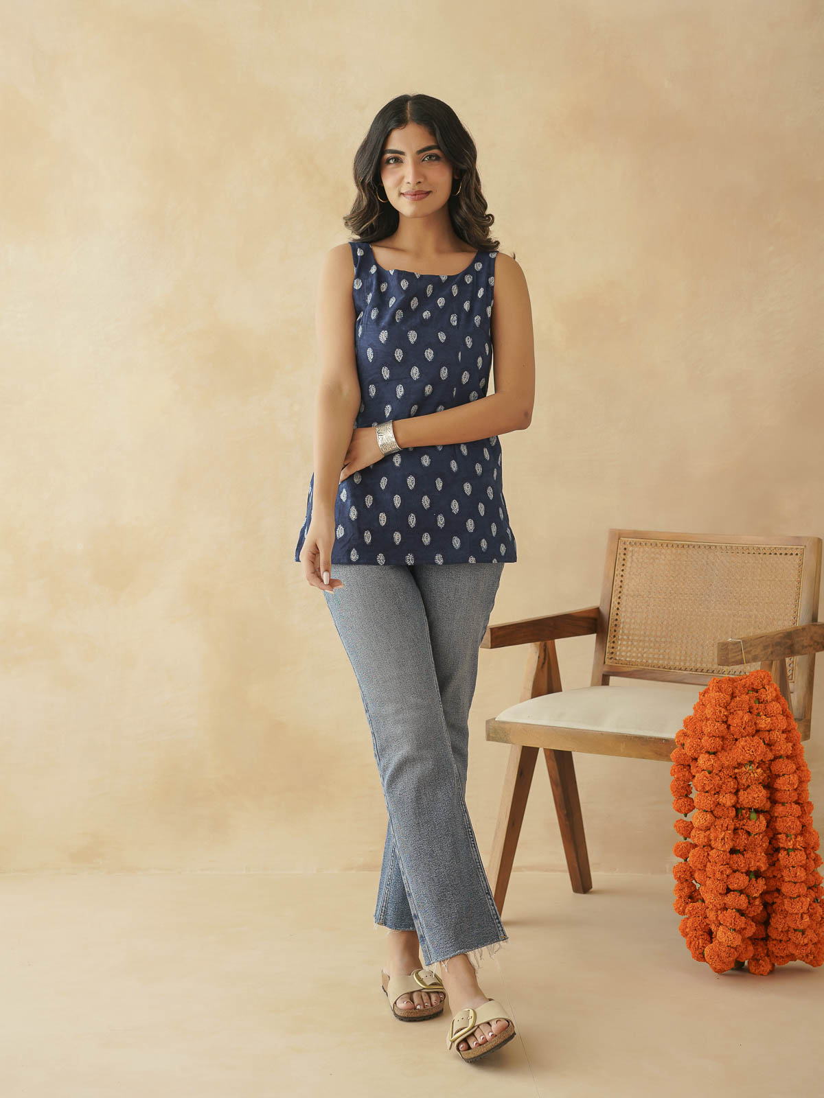 Cotton Printed Stylish Backless Tie-up Kurti Indigo