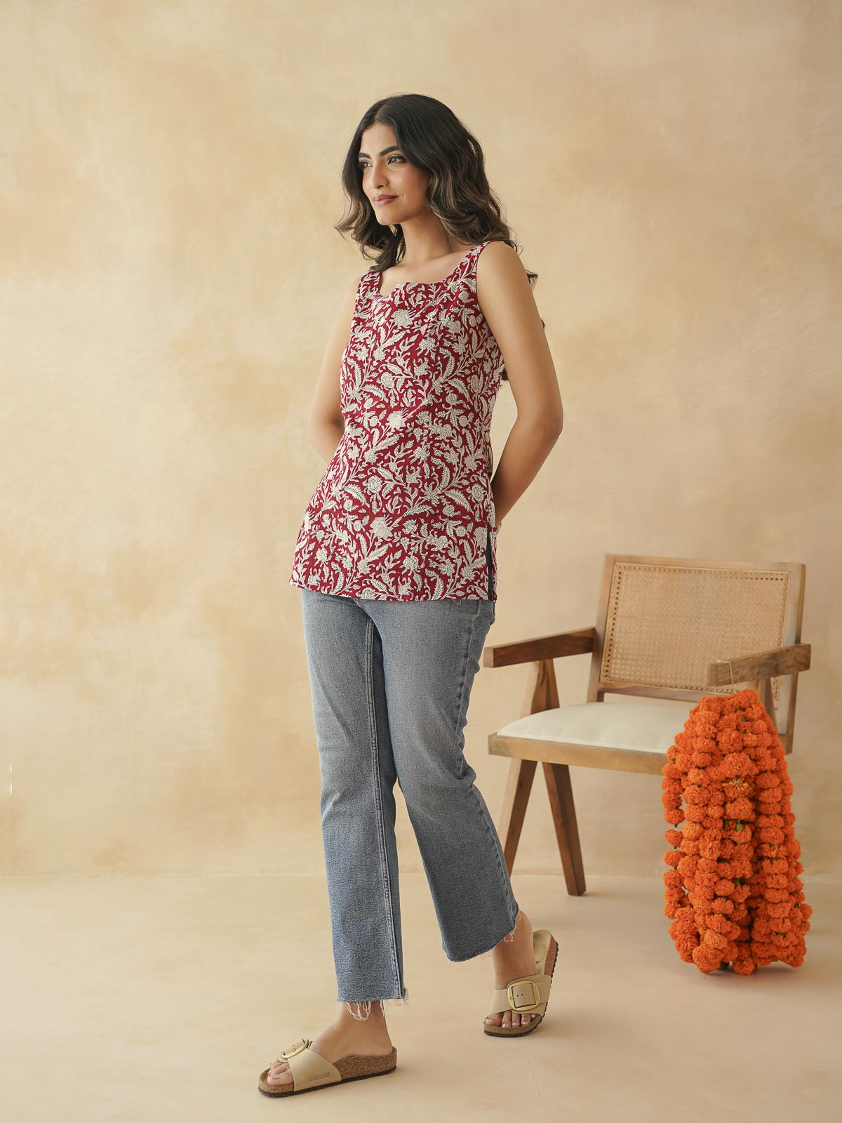 Cotton Printed Stylish Backless Tie-Up Kurti Red