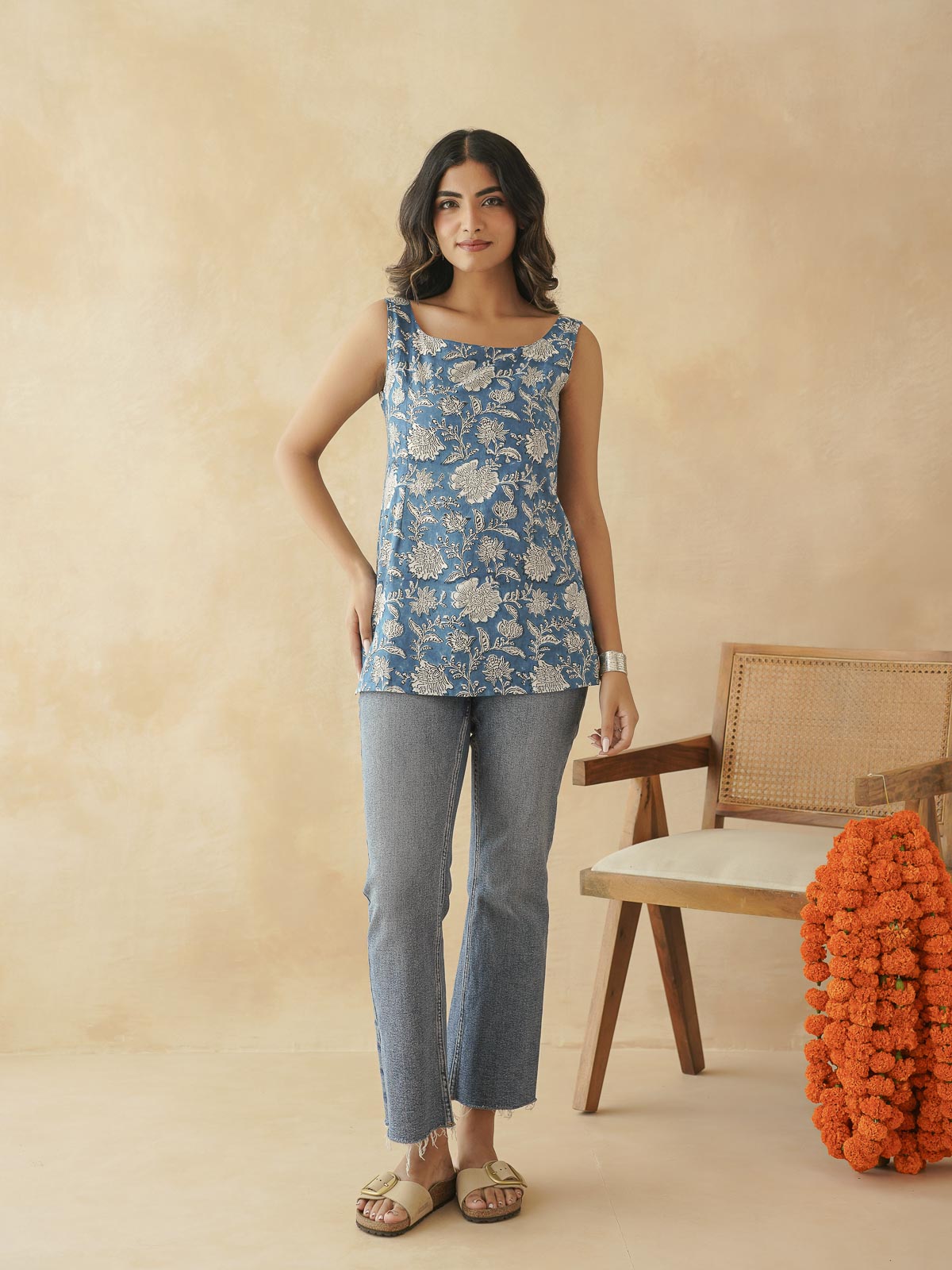 Cotton Printed Stylish Backless Tie-Up Kurti Drak Blue