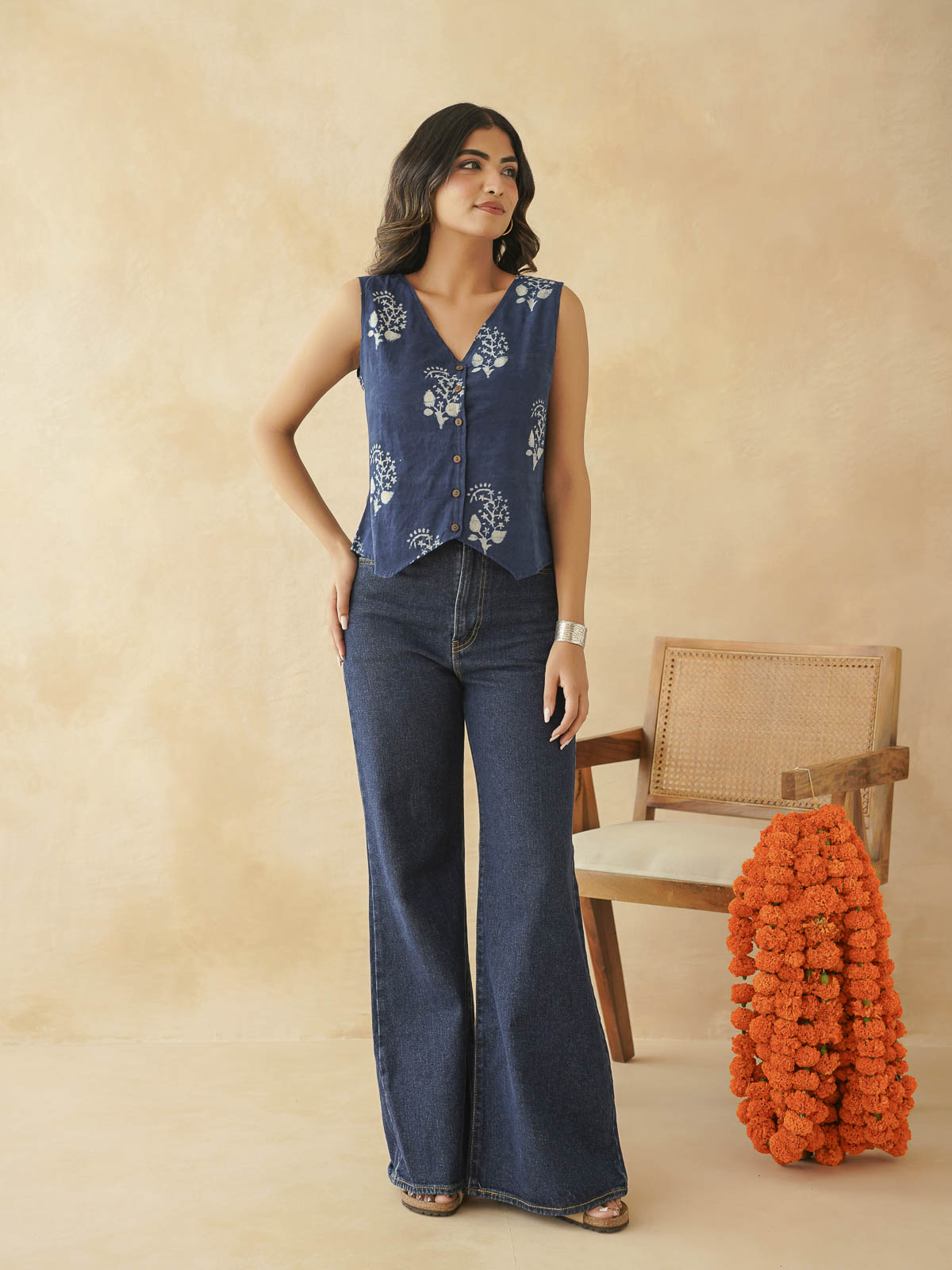 Sleeveless Cotton Block Printed Kothi Top Indigo Boota